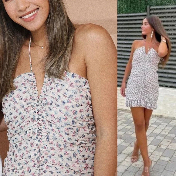 ZARA Metallic Thread Draped Ruched Floral Printed Halter Mini Dress M Fits Small - Picture 1 of 16